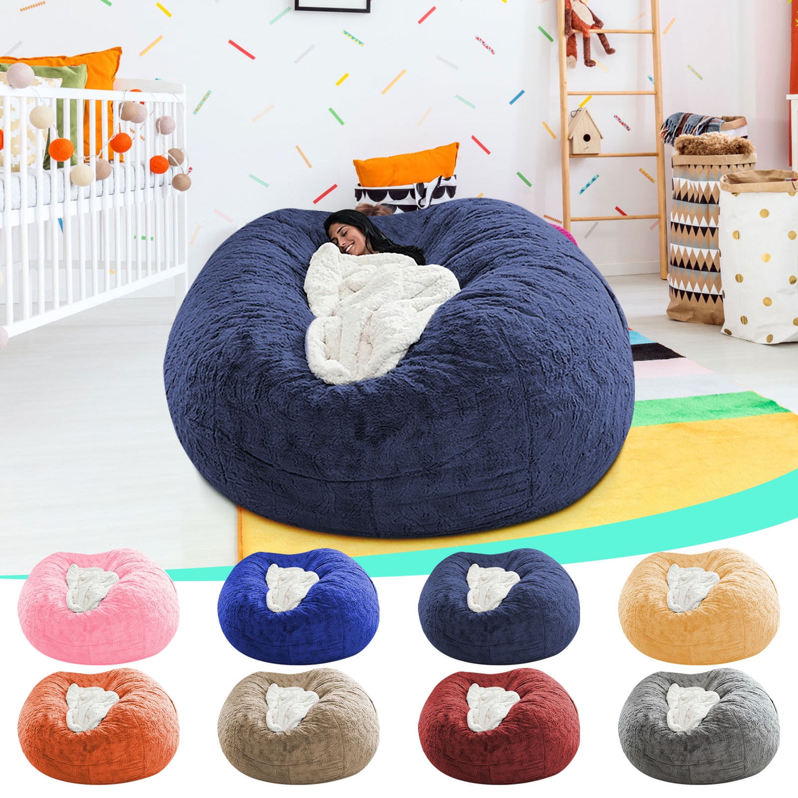 XEOVHV Giant Fur Bean Bag Chair Cover for Kids Adults, Living Room Furniture Big Round Soft Fluffy Faux Fur Beanbag Lazy Sofa Bed Cover(Cover only, No Filler, Khaki, 7FT)
