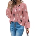 thumbnail image 4 of DYMADE Women Plus Size V-Neck Feather Print Long Sleeve Loose Blouse Top, 4 of 6