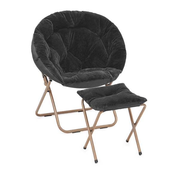 BEZT Folding Faux Fur Saucer Chair, Oversized Comfy Moon Chair w/ Footrest Ottoman,Metal Frame Black