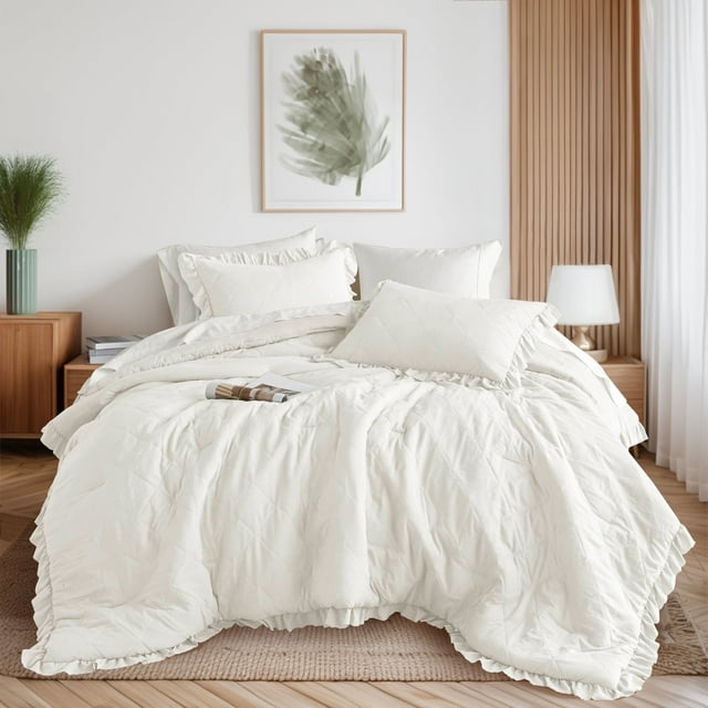 Regency Heights Full/Queen Size Ruffle Comforter Set with Shams,3-Piece Quilted Bedding Set, Ivory, Gift for Women