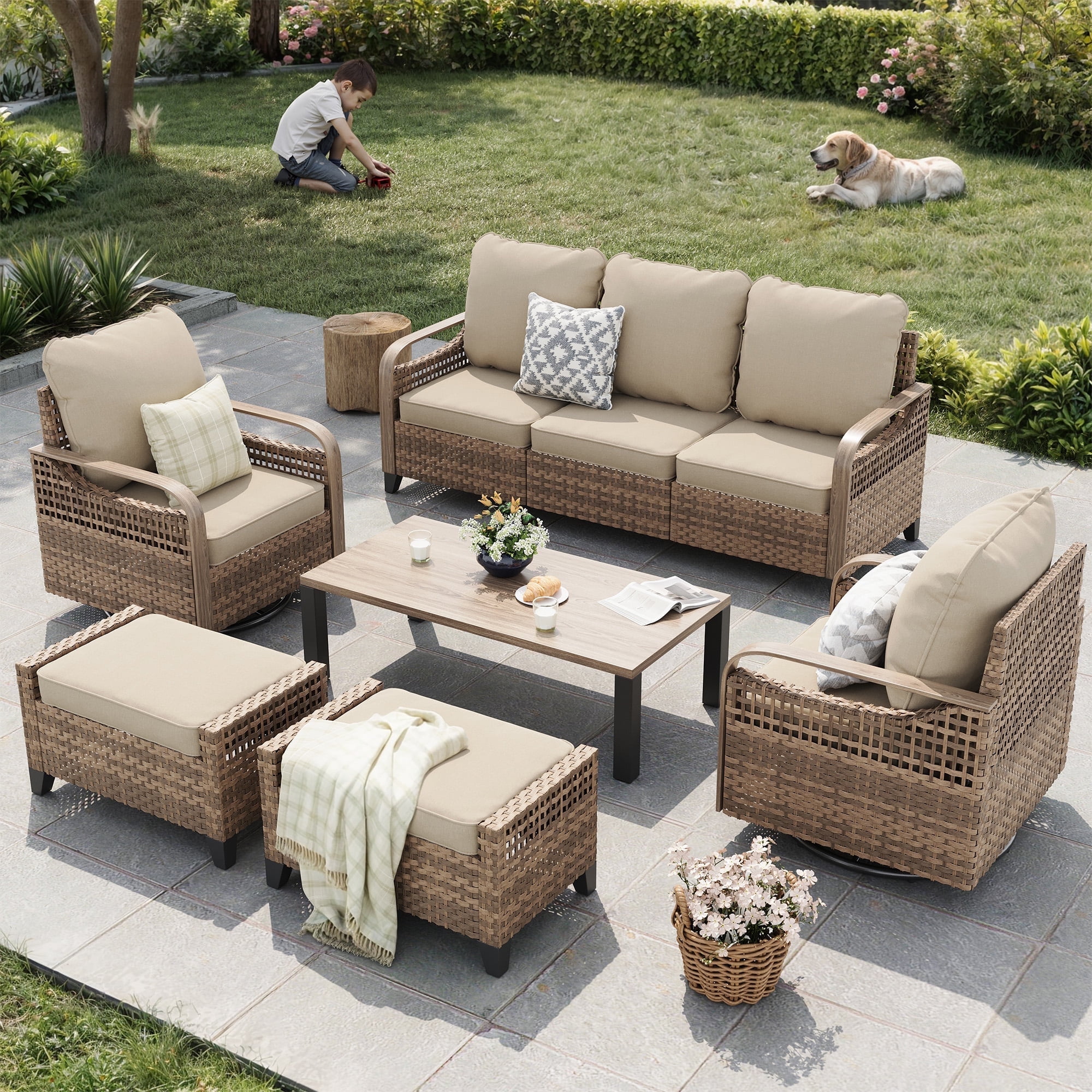 ELPOSUN 7-Seat Outdoor Patio Furniture Set - Modular Wicker Sectional Sofa with Swivel Chairs & Thickened Cushions for Garden, Porch, Yard, and Poolside