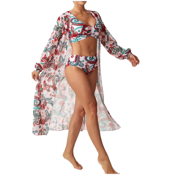 Levmjia Women's High Waist Swimsuit 3 Piece Set, Long Sleeve Cover Up Bikini Set with Print, Beachwear for Summer Vacation, S - XL Plus Size Swimsuits for Women