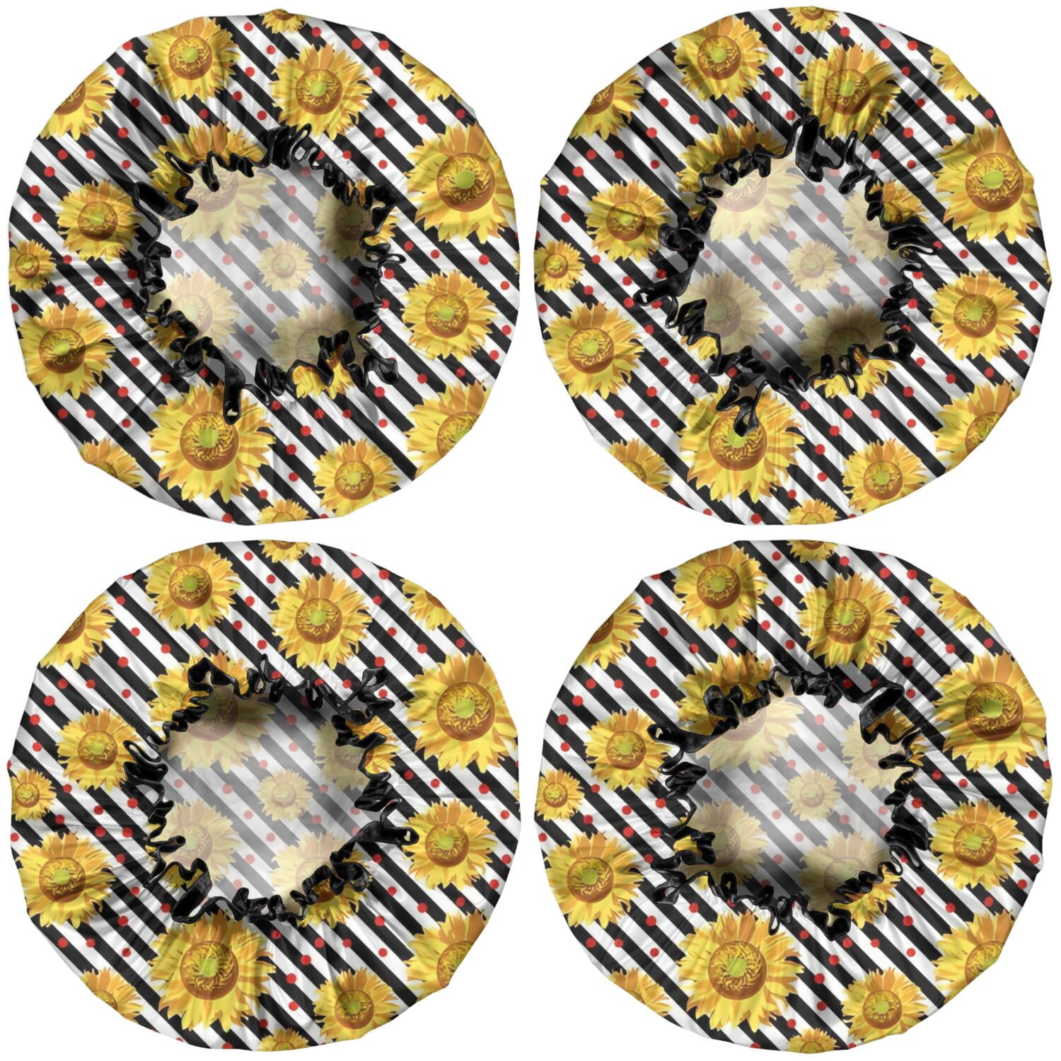 Shower Caps,Black White Stripe Sunflower Pattern Waterproof Shower Cap for Women 4 Pieces,Double Reusable Hair Cover for Shower PEVA Elastic Stretch Hem