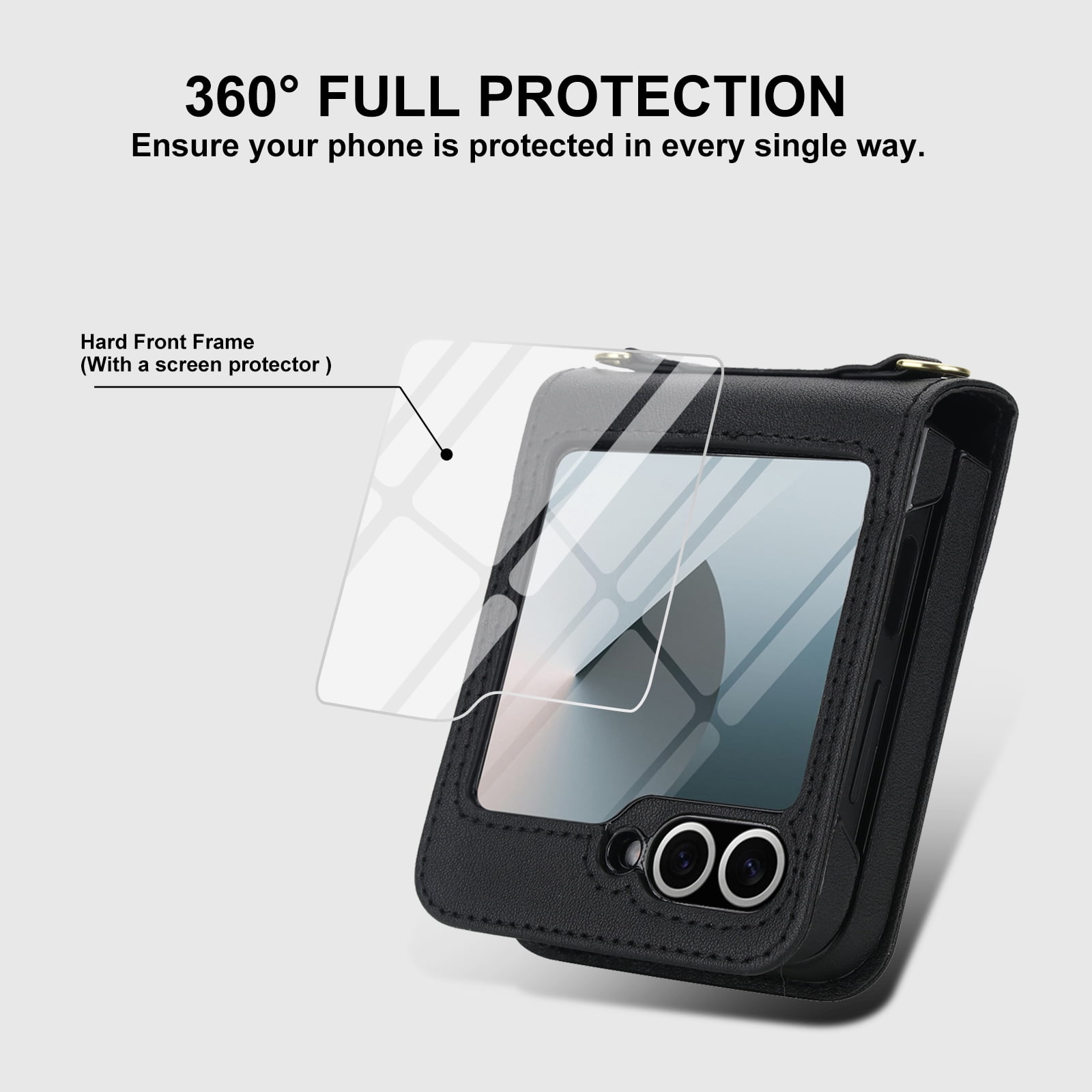 Crossbody For Samsung Galaxy Z Flip 7 Wallet Case with Hidden Kickstand, Credit Card Holder for Samsung Galaxy Z Flip 7 Case Built-in Screen Protector, Shoulder Strap & Lanyard Phone Case,Black