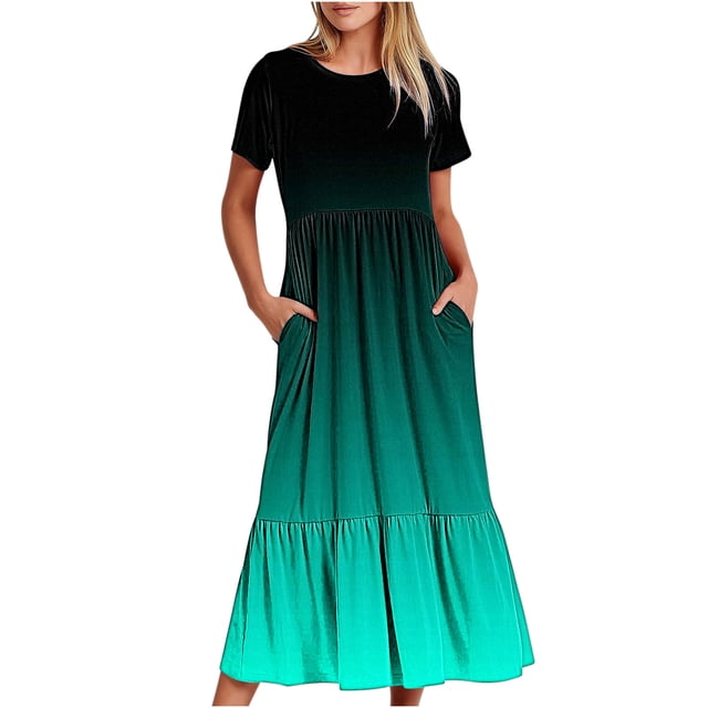 Penkiiy Robe à Manches Courtes pour Femmes à Imprimé Dégradé, Ample, Unie, Décontractée, d'Été, Fluide, à Étages, Longue Maxi avec Poches, P Bleu Pâle