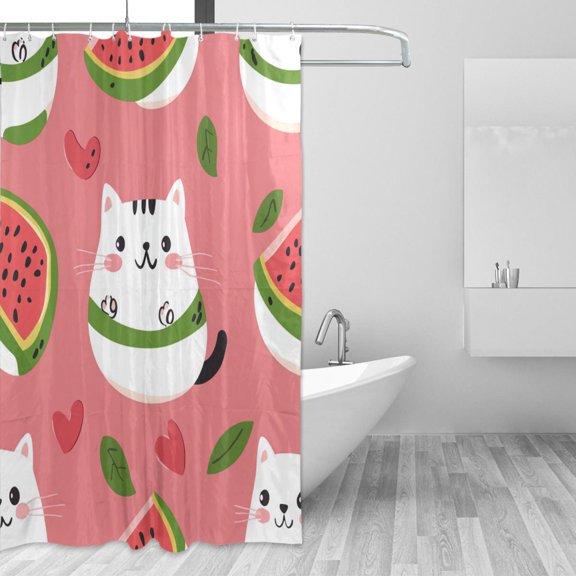 Cats Hearts Leaves Watermelons Shower Curtains with 12 Hooks Waterproof Bathroom Decor 66" x 72"