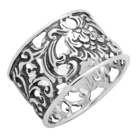 - Sterling Silver Filigree Flower Wide Band Ring