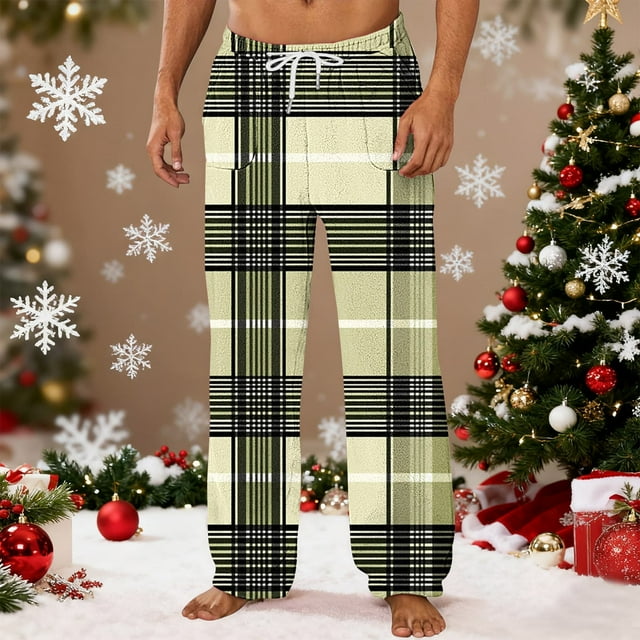 Pantalones de pijama largos para hombre, para dormir en casa, con estampado navideño, tubo recto, cintura elástica, bolsillos, informales, para hombre