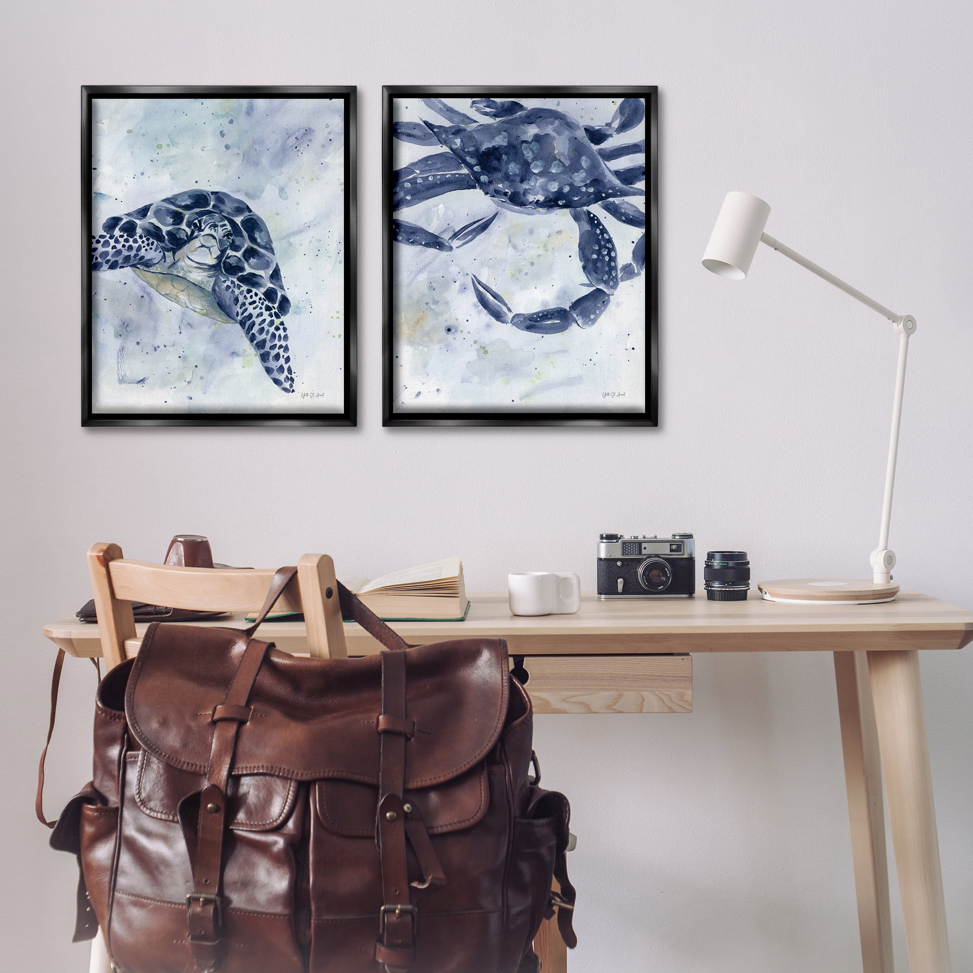 Stupell Industries Sea Creatures Turtle & Crab Nautical & Beach Painting Black Floater Framed Canvas Art Print Wall Art, 31 x 25, Set of 2
