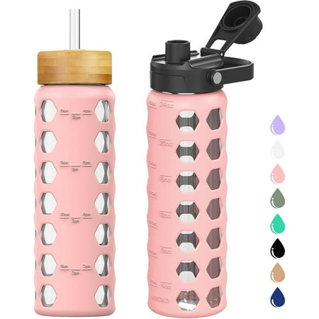 

32oz Glass Water Bottles with 2 Lids-Handle Spout Lid&Bamboo Straw Lid Motivational Water Tumbler with Time Marker Reminder and Silicone Sleeve Leakproof-Olive-1 Pack