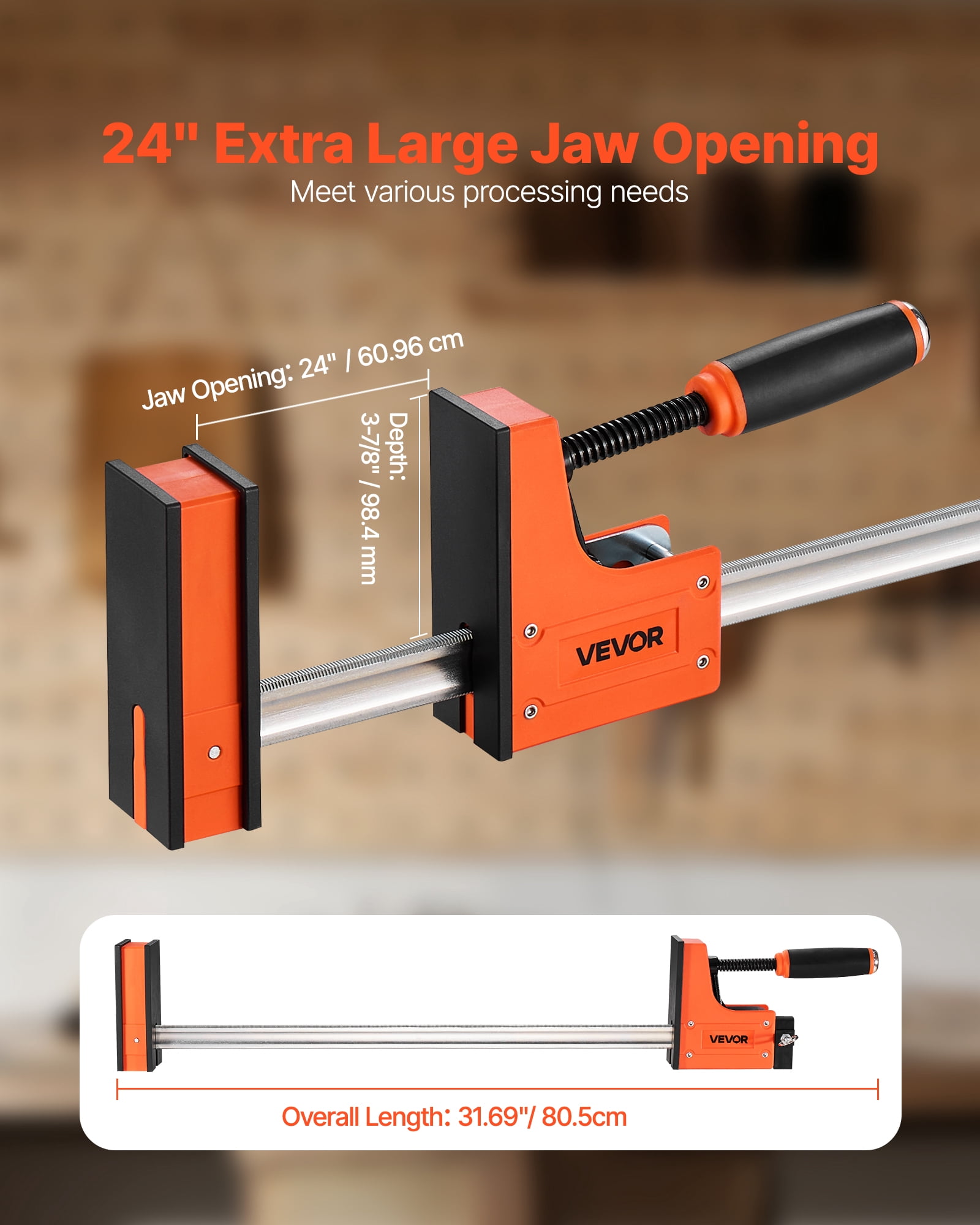 VEVOR Bar Clamps for Woodworking, 2-Pack 24 inch Parallel Clamp Set, F-Clamp with 1500 lbs Load Limit, Even Pressure, High-strength Plastic and Carbon Steel, for Woodworking Metal Working, Orange