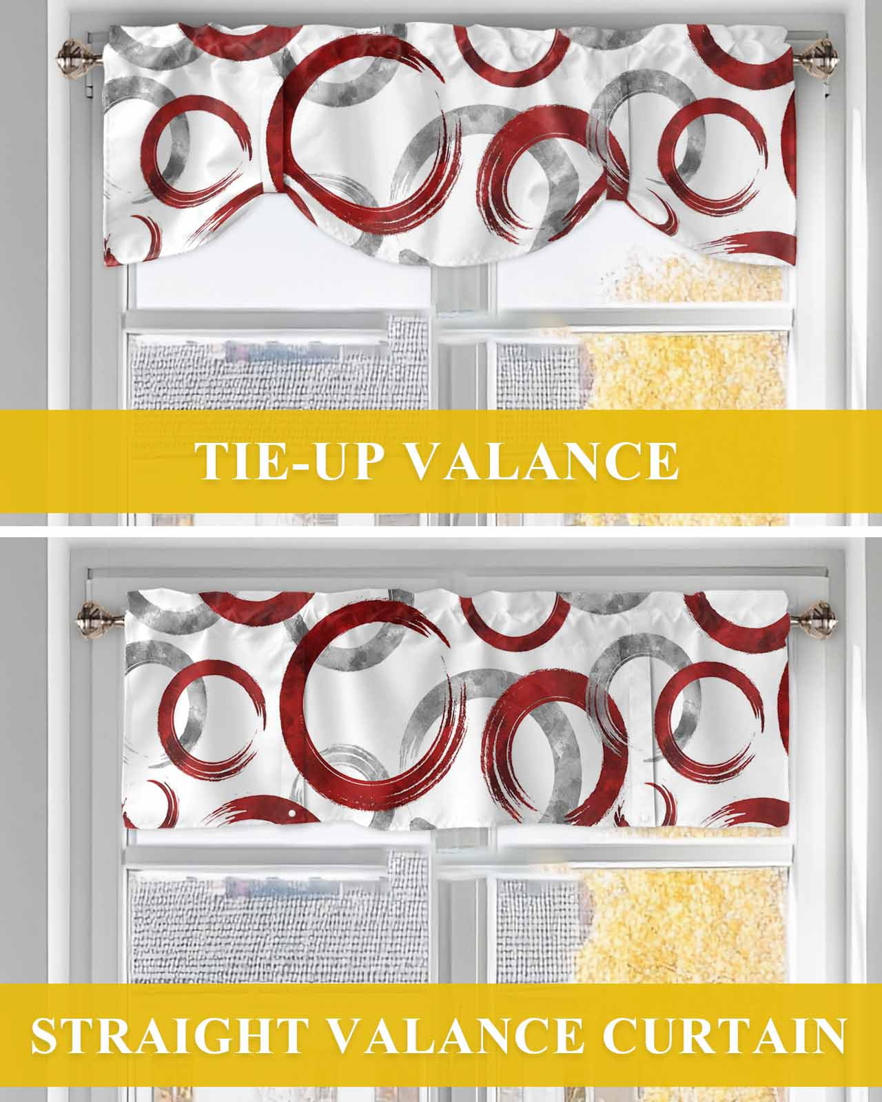 Vintage Red Gray Circle Lines Tie Up Valances Curtain, Adjustable Kitchen Abstract Art White Background Valances for Windows Decor, Rod Pocket Short Curtains Set for Bedroom/Bathroom, 54"x18"