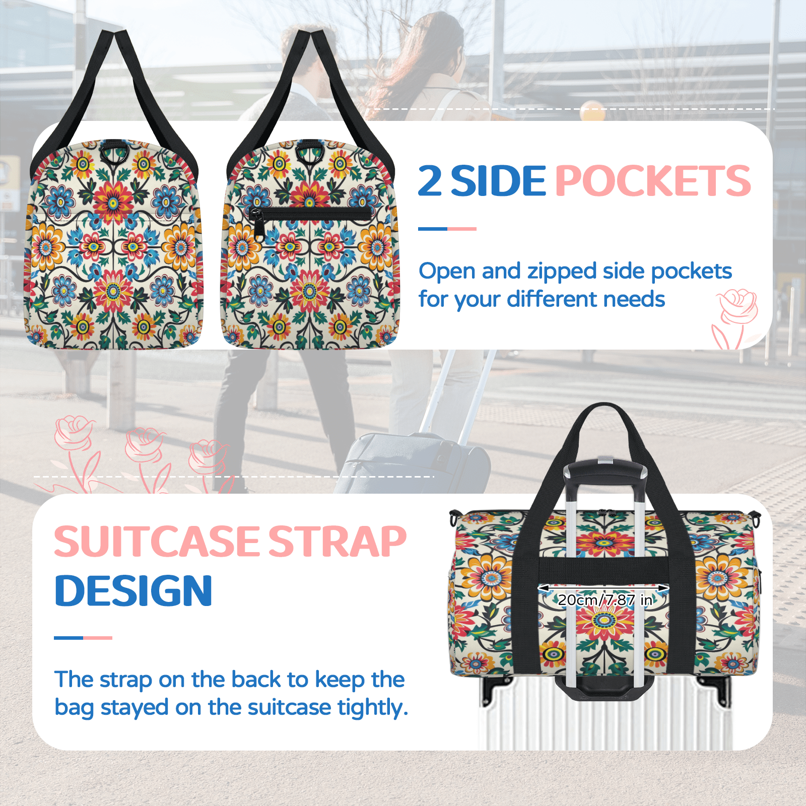 Herdesigns Mexico Floral Boho Gym Bag for Women, Duffle Bag for Travel Sport, Lightweight Waterproof Carry on Weekender Overnight Dance Yoga Workout Bags