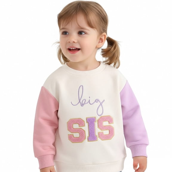 Girls Big Sis Embroidered Sweatshirt, Kids Color鈥態lock Raglan Long Sleeve Crew Neck Pullover Tops