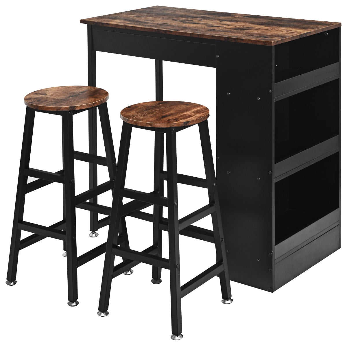 Liquor Rack Counter Height 3-piece Bar Dining Table Set with 2 Upholstered Bar Stools Chairs 4 Glass Holders 2 Wine Racks and 3 Open Storage Shelves 