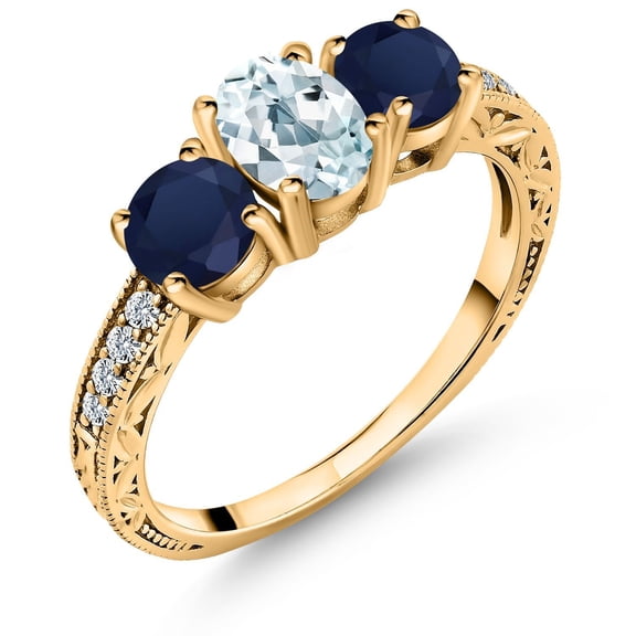 Gem Stone King 18K Yellow Gold Plated Silver Oval Shape 7x5MM Sky Blue Aquamarine Blue Sapphire Ring 2.07 Cttw | Gemstone Birthstone (Size 7)