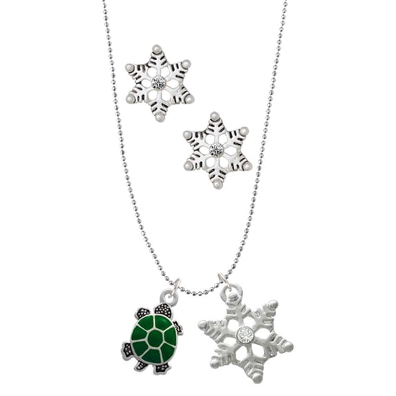 Delight Jewelry Silvertone Green Top Turtle Silver tone Snowflake Charm Necklace and Stud Earrings