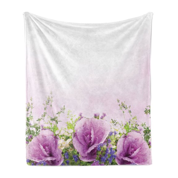 Flower Soft Flannel Fleece Blanket, Spring Cabbage Flowers in Fragrant Bouquet with Partially Shaded Color Romance, Cozy Plush for Indoor and Outdoor Use, 50" x 70", Lavender Green, by Ambesonne