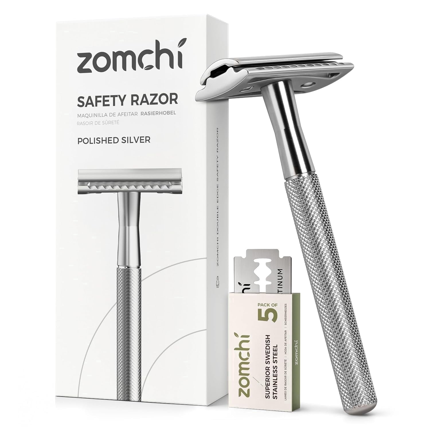 ZOMCHI Safety Razor for Men&Women with 5 Double Edge Safety Razor Blades, Reusable Razor, Plastic Free – Silver