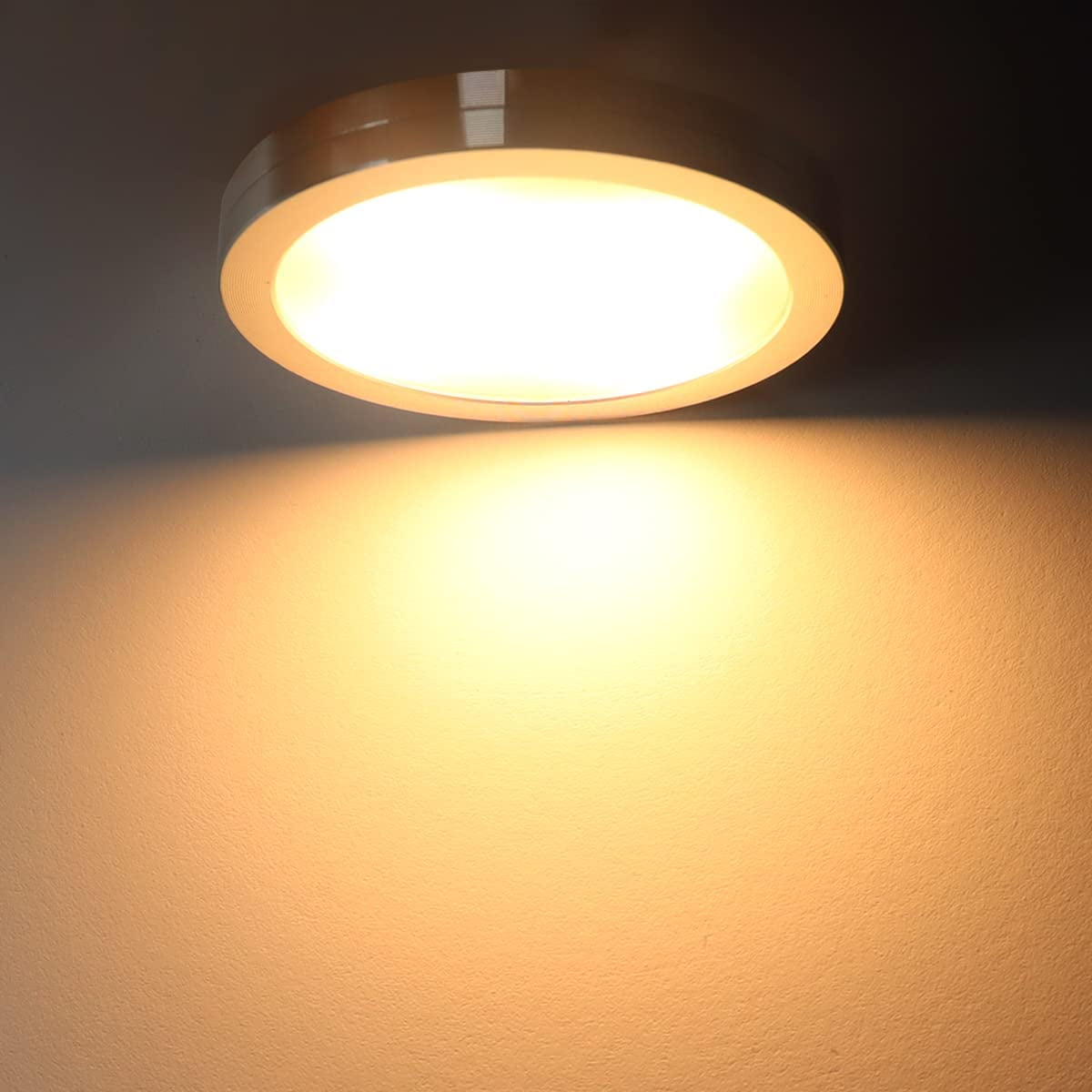 JJEAN-LED Puck Lights, Under Cabinet Lighting Silver Trim, 3000K Warm White, CRI90+, Touch Dimming, All Accessories Included, Under Counter Lighting for Kitchen, Closet Lights, Safe Light, 3-Pack