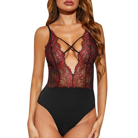 

WANYNG Women V Neck SexyBabydoll Lingerie Lace Backless Lanyard Underwear Conjoined Tight Lace Underwear Padded Camisole Pajamas Boudoir Outfits Push up