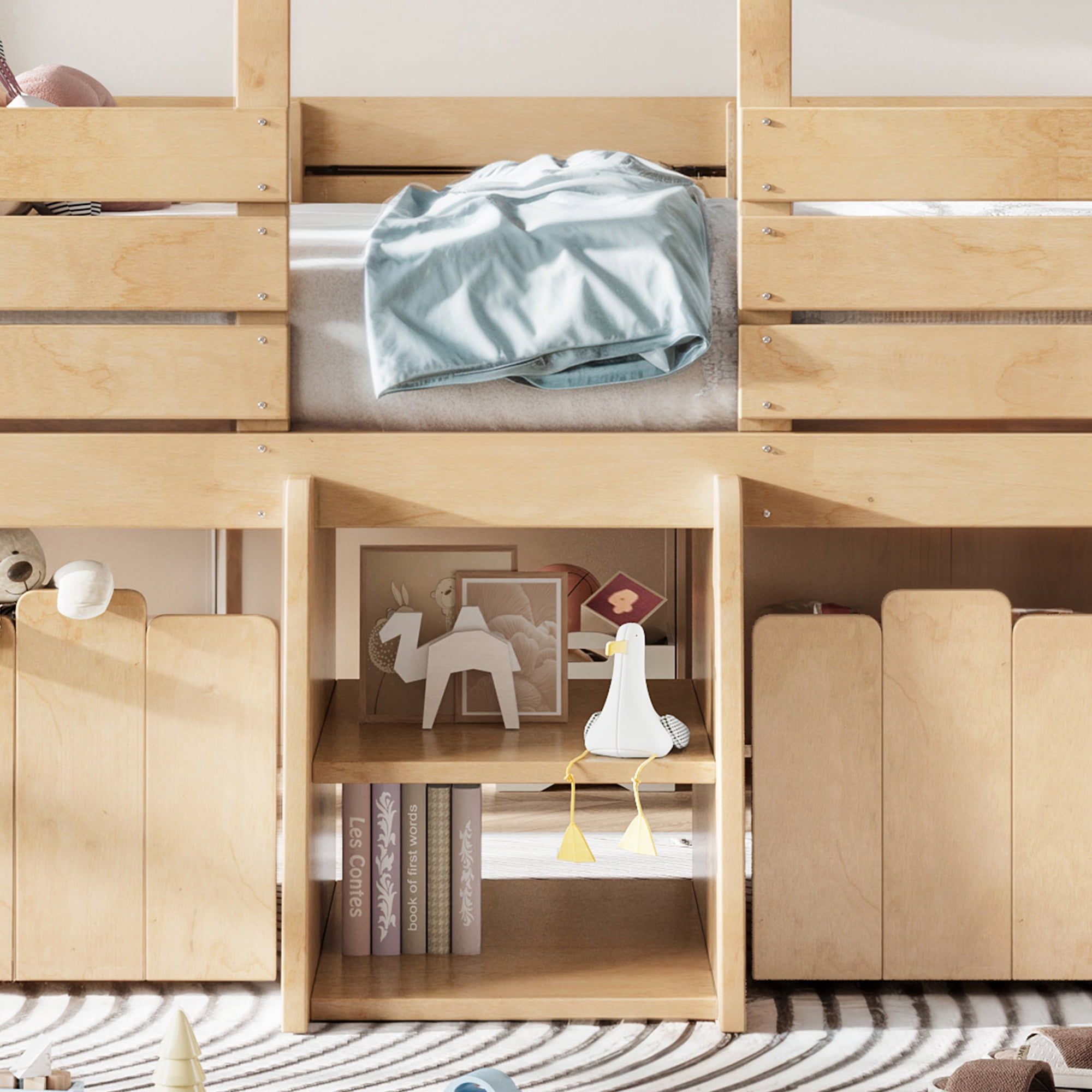 Leumius Full House Loft Bed with Cute Stairs and 2 Storage Drawers, Farmhouse Low Loft Bed with House Shaped Roof, Childlike and No Box Spring Needed Design Natural