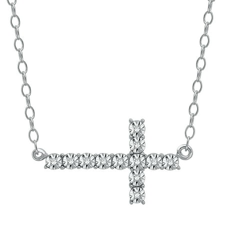 Horizontal Cross Necklace with Diamonds in Sterling Silver