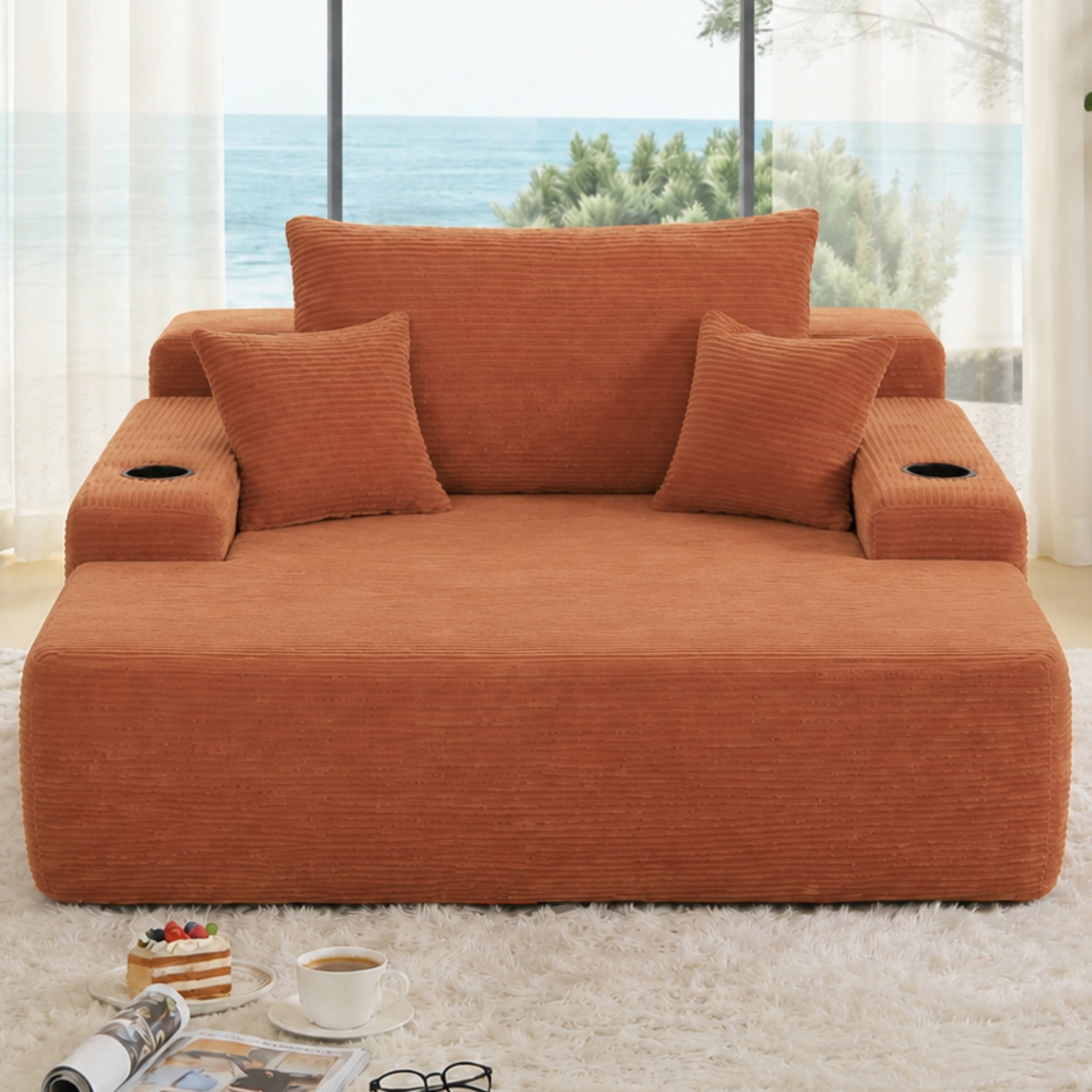 47.2'' No Assembly Compressed Sofa Chair, Deep Seat Chaise Lounge with Cup Holder & Storage Pocket, Boneless Sleeper Sofa Bed Armchair