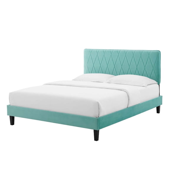 Platform Bed Frame, Full Size, Velvet, Blue, Modern Contemporary Urban Design, Bedroom Master Guest Suite