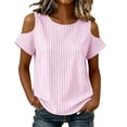 thumbnail image 5 of ClodeEU Women's Cold Shoulder Striped Blouse,Round Neck Short Sleeve T-Shirt for Summer Pink,Women's Plus M, 5 of 8