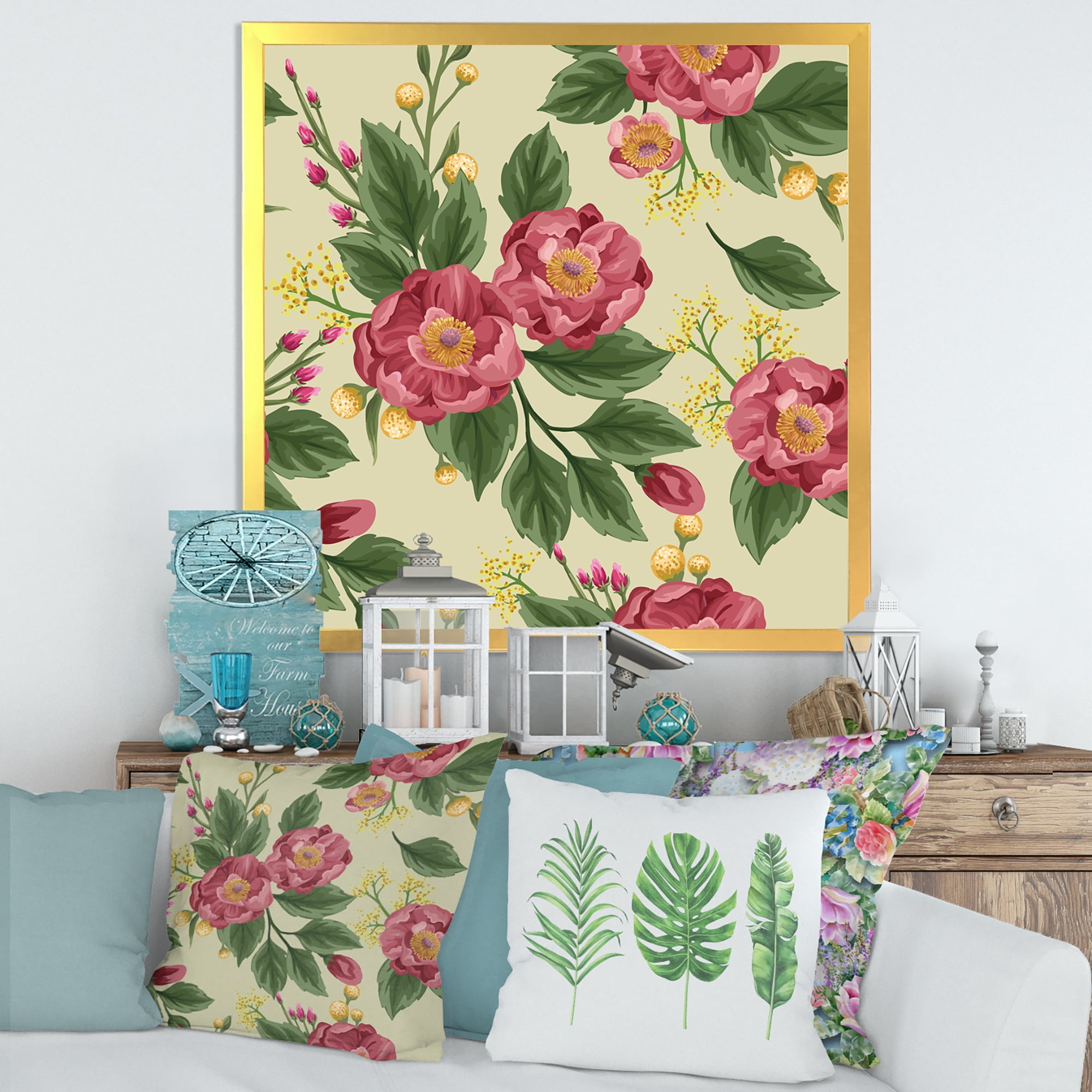 Designart 'Vintage Sweet Peas and Peonies On Beige' Traditional Framed Art Print