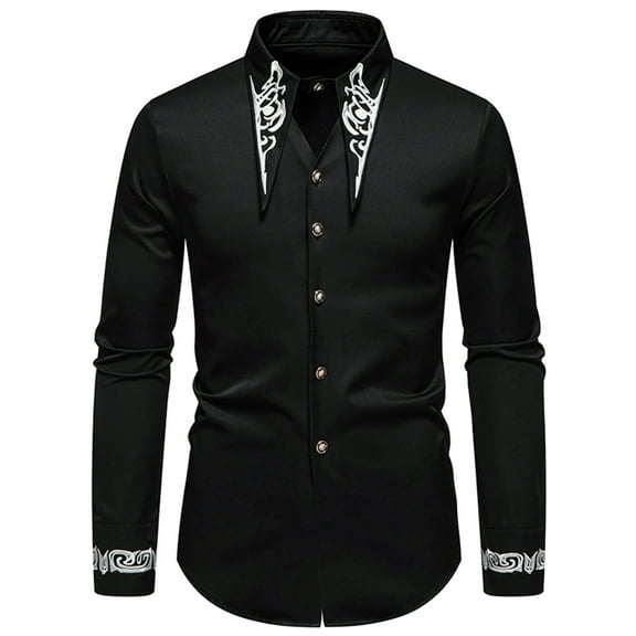 Wyobmus Men's Long Sleeve Embroidered Shirts Fashion Slim Fit Casual Button Down Shirt Black