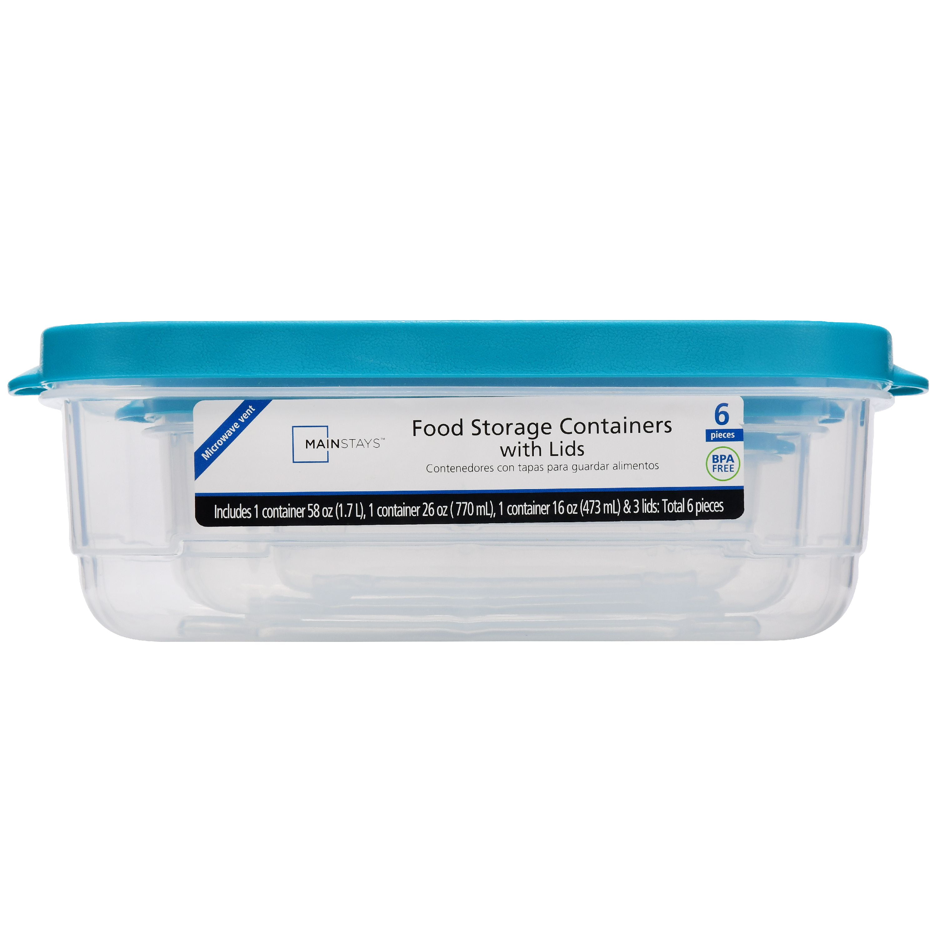 Mainstays Food Rectangle Storage Containers With Lids Teal 6 Count