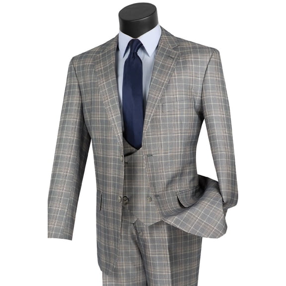Men's Vinci Suits Vested Plaid Suit Grey Size 50 Long