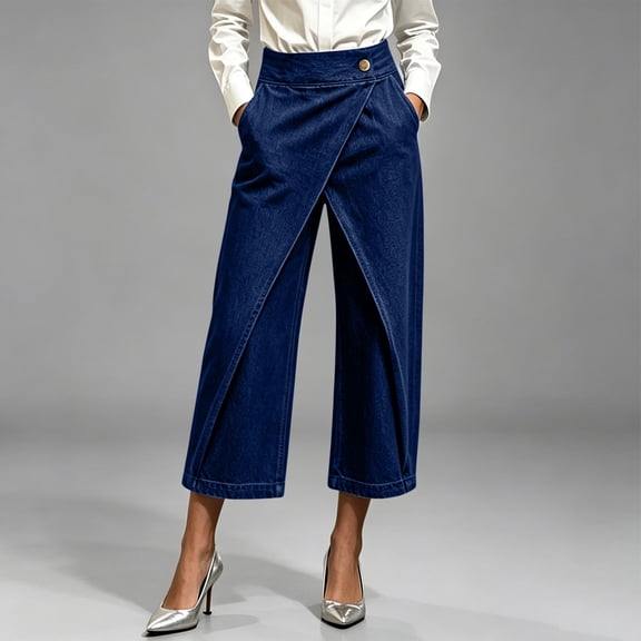 Ytobaz Wrap Front Denim Culottes Pants for Women Wide Leg Cropped Jeans Casual High Rise Trousers with Pockets for Streetwear and Summer Everyday Fashion Dark Blue S