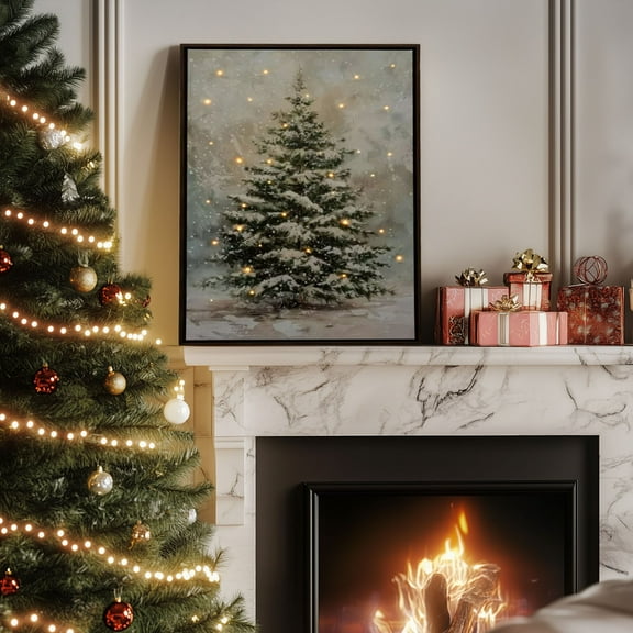 FYHALE Christmas Wall Decor - Framed Snowy Christmas Tree Canvas Wall Art with Lights, Winter Christmas Decor Living Room Nature Landscape Decoration for Bedroom Bathroom Rustic Xmas Holiday Gifts
