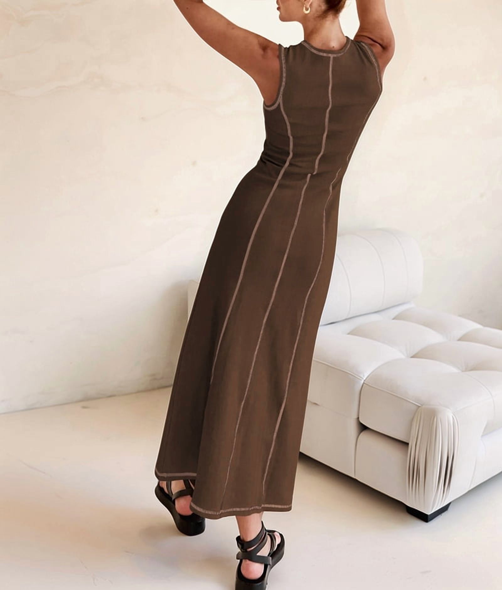 Womens Sleeveless T Shirt Dress Summer Contrast Ribbed Knit Tank Maxi Dresses Coffee Color S