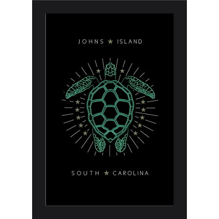 Johns Island, South Carolina - Neon Turtle - Lantern Press Artwork (12x18 Giclee Art Print, Gallery Framed, Black Wood)