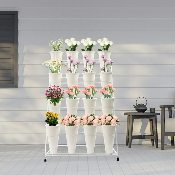 Flower Display Stand with 16 Buckets, 4 Tier Metal Florist Shelf Plant Cart Floral Stand Flower Holder on Wheels for Silk Fresh Flowers Patio Garden, Shelf   Bucket