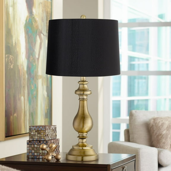 Regency Hill Fairlee Traditional Table Lamp 26" High Antique Brass Candlestick Black Fabric Drum Shade for Bedroom Living Room Bedside Nightstand Kids