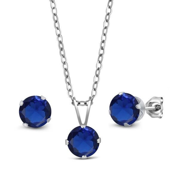 Gem Stone King 2.25 Ct Blue Created Sapphire 925 Silver Pendant and Earrings Jewelry Set With Chain