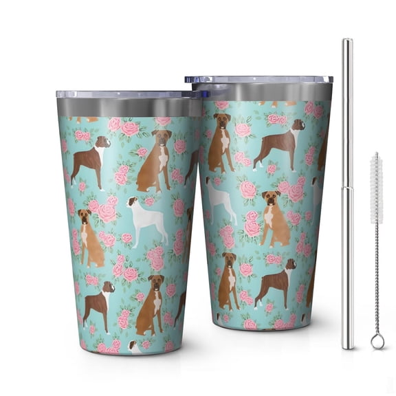 16oz Tumblers Cute Boxer Dog and Flowers Florals Stainless Steel Vacuum Insulated Double Wall Travel Tumbler Cups Mug with Lid and Straw,Cleaning Brush for Coffee,Tea