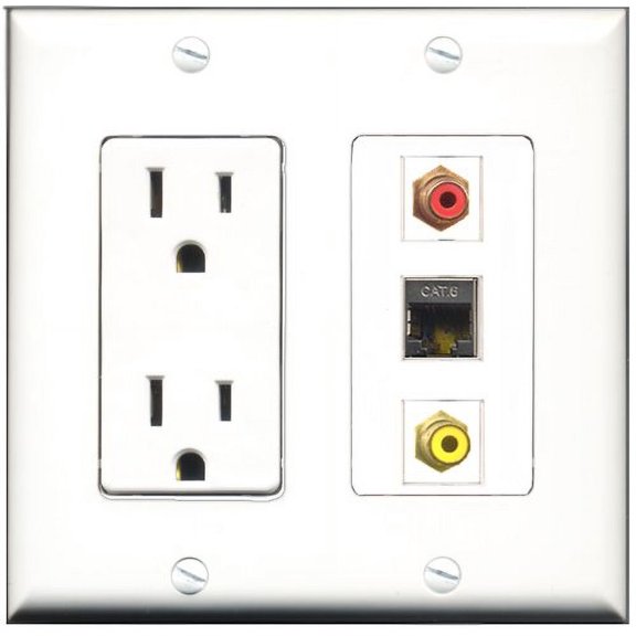 RiteAV - 15 Amp Power Outlet 1 Port RCA Red 1 Port RCA Yellow 1 Port Shielded Cat6 Ethernet Ethernet Decorative Wall Plate