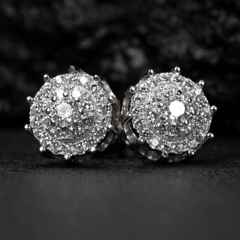 Brilliant Round Spiked Cut Big Iced Cz White Gold Plated 925 Sterling Silver Screw Back Post Large Circle Flower Cluster Spike Stud Hip Hop Earrings