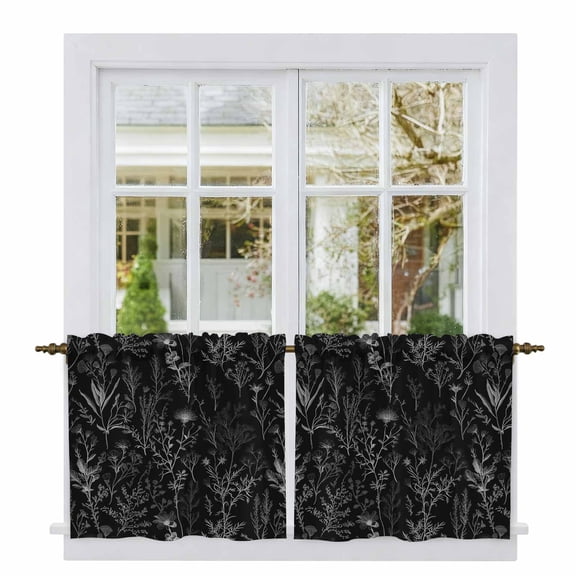 Black Spring Floral Tier Curtains, Vintage Botanical Watercolor Light Filtering Kitchen Curtains, 2Pcs Rod Pocket Half Window Treatments Panels for Sink Cafe Cabinet Camper 27.5x24 Inches