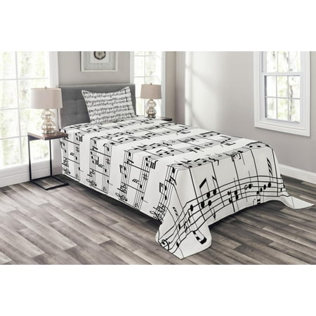 Black And White Quilted Bedspread Music Bedspread Set, Musical Notes on the Clef Illustration Ornamental Artistic Pattern Artwork Print, Decorative Quilted Coverlet Set with Pillow Shams Included, Black and White, by Ambesonne ()
