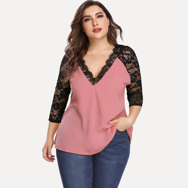 Puntoco Camiseta de gasa de manga larga mediana con encaje para mujer con cuello en V y camiseta suelta grande Puntoco Puntoco-4424