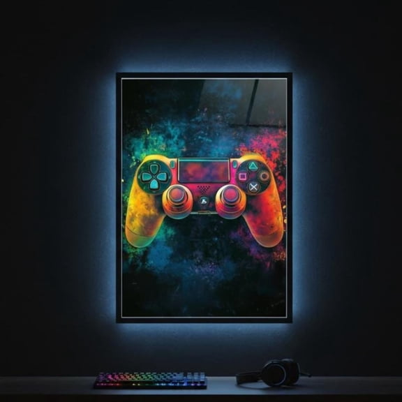 Gaming Controller Wall Art Print – Neon Gamer Poster For Game Room Décor, Unframed Poster Size 12x18