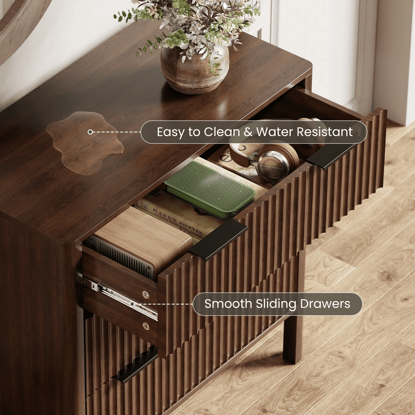 Fluted 3 Drawer Dresser for Bedroom 31.5" Wide Wooden Dresser TV Stand Modern Storage Organizer for Living Room, Hallway, Walnut