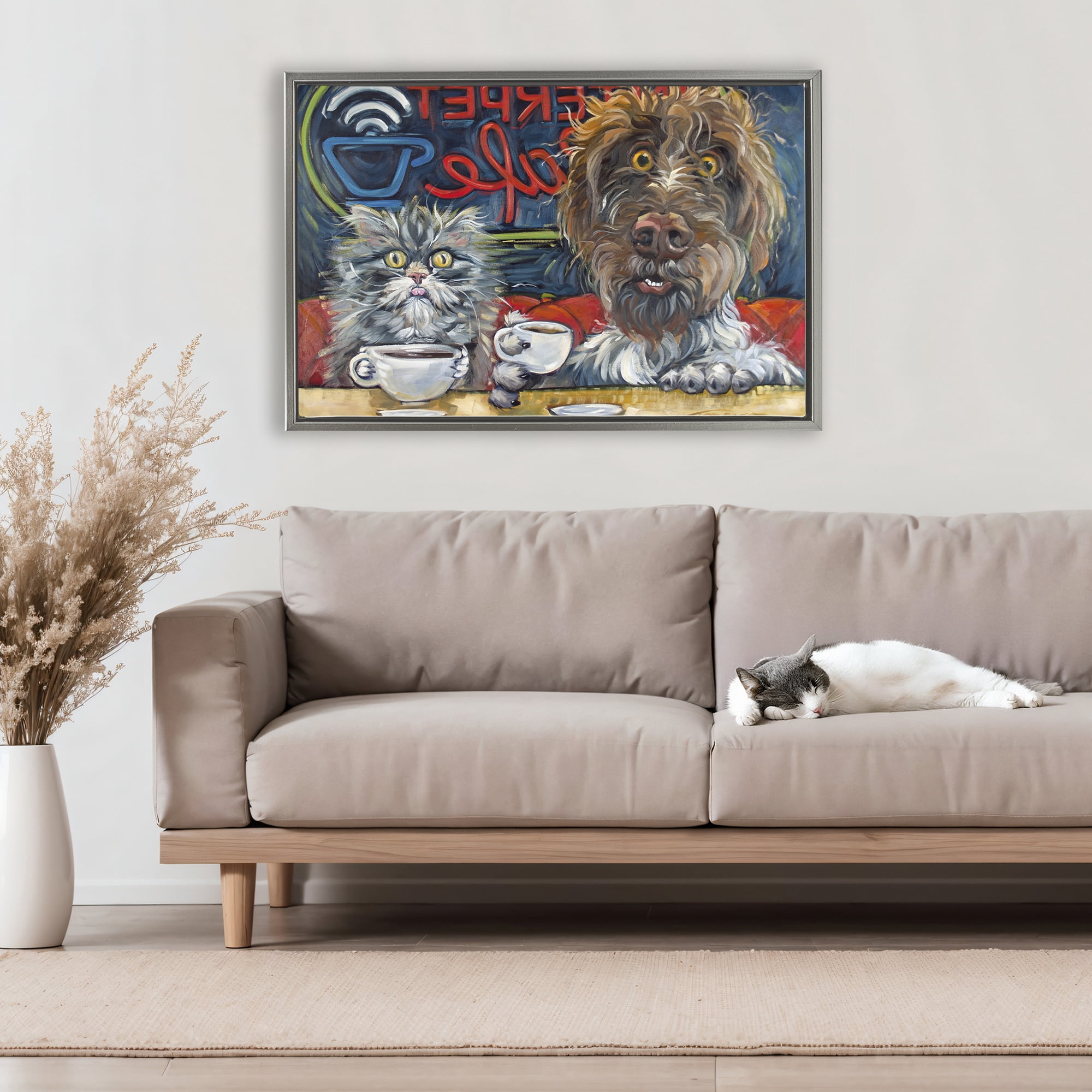 Stupell Industries Pets Wired At The Cafe Gray Framed Floater Canvas Wall Art, design by CR Townsend